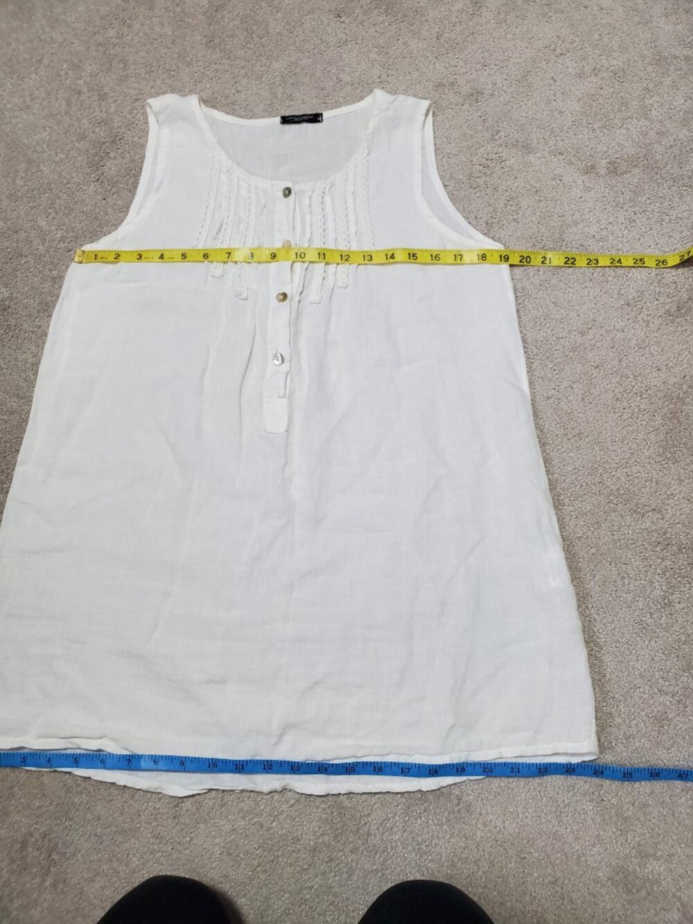 LUNGO L'ARNO 100% Linen Sleeveless Tunic Top White Medium Henley Summer Beach - Picture 12 of 13